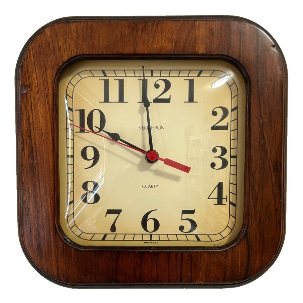 Vintage Verichron Quartz Wall Clock Square Wood Frame Works MCM Rare USA VGUC